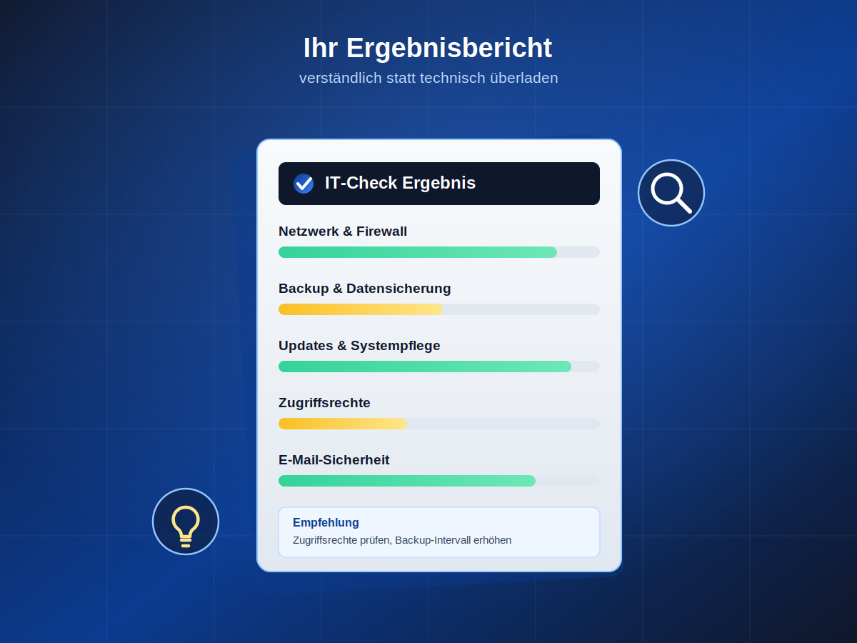 Ergebnisbericht des kostenlosen IT-Checks mit Empfehlungen für mehr IT-Sicherheit im Unternehmen